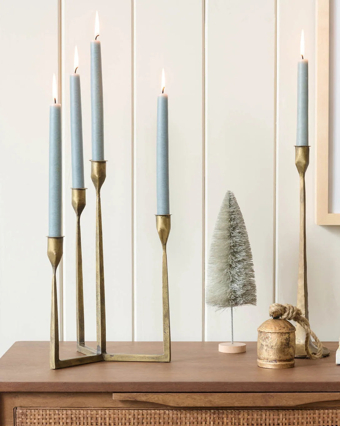 Multi Taper Candle Holder in Antique Brass Finish, Four Varying