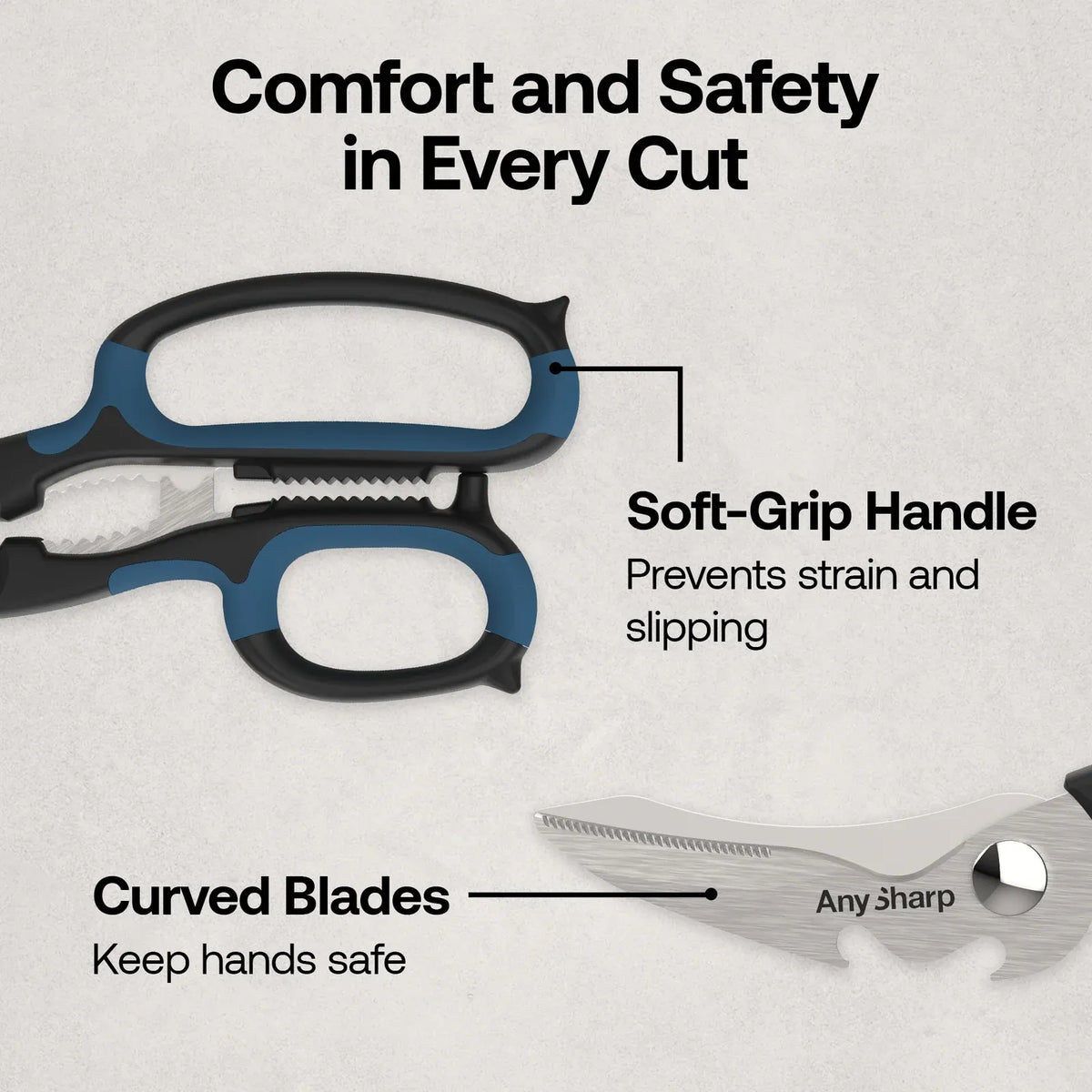 Multifunction Scissors with Curved Hardened Steel Blades and Comfort Grips for Kitchen and Household Tasks
