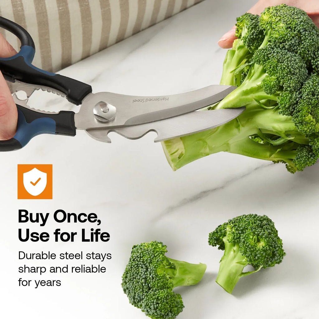 Multifunction Scissors with Curved Hardened Steel Blades and Comfort Grips for Kitchen and Household Tasks