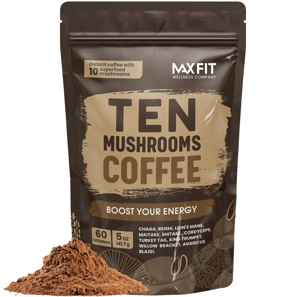 Mushroom Instant Coffee, 5 oz Arabica Medium Roast with Chocolatey Nutty Flavor and Ten Mushroom Powders