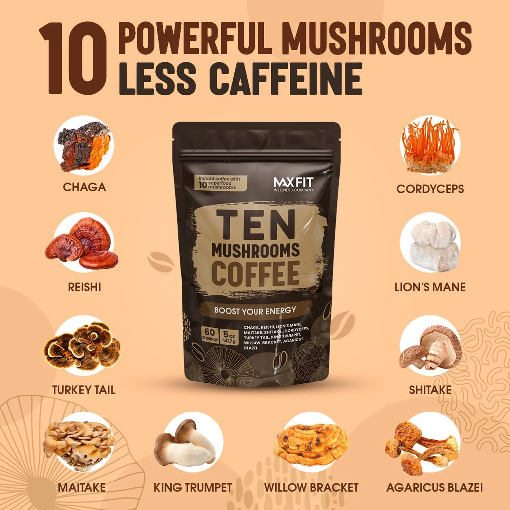 Mushroom Instant Coffee, 5 oz Arabica Medium Roast with Chocolatey Nutty Flavor and Ten Mushroom Powders