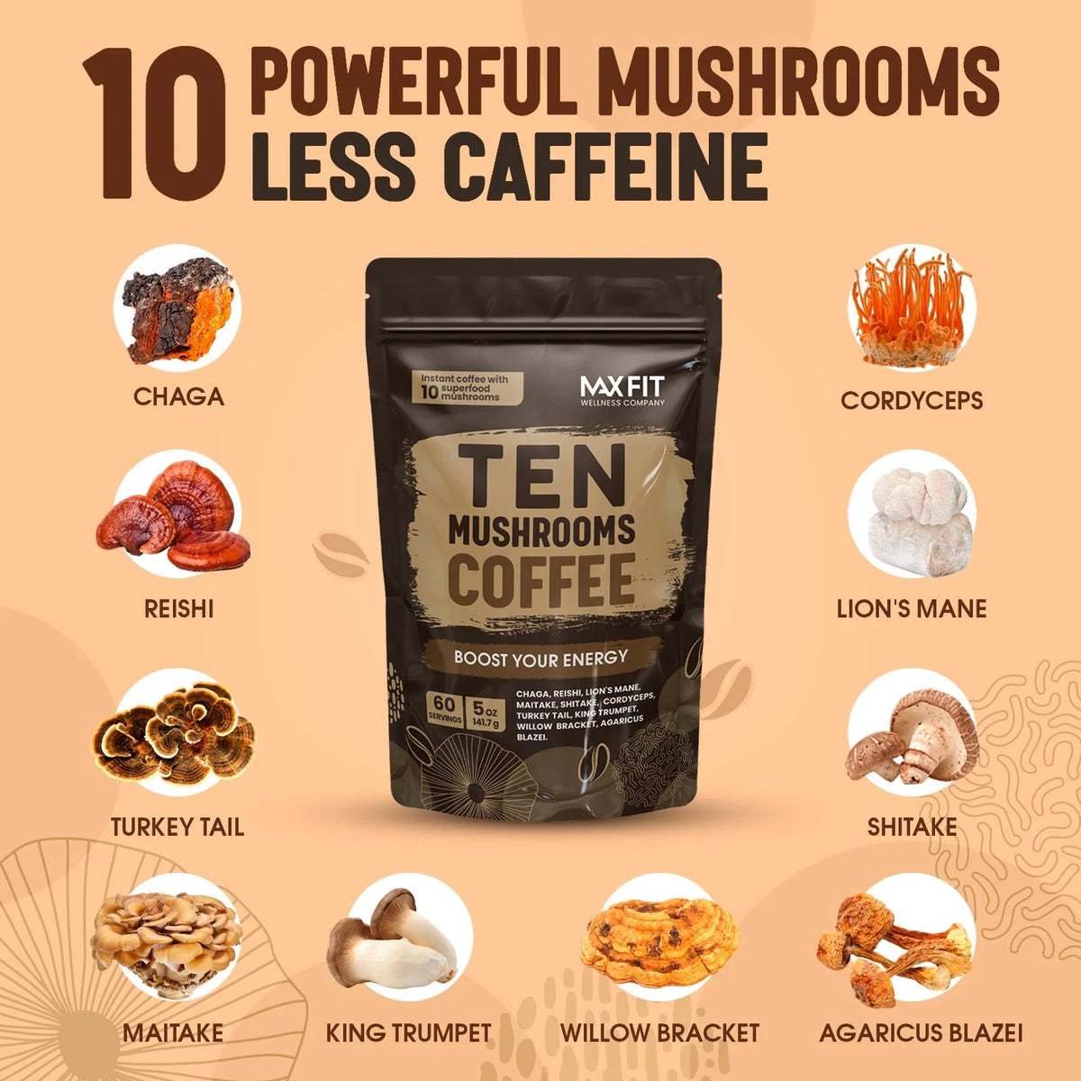 Mushroom Instant Coffee, 5 oz Arabica Medium Roast with Chocolatey Nutty Flavor and Ten Mushroom Powders