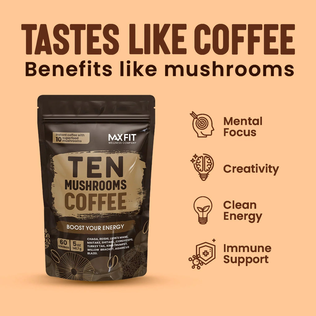 Mushroom Instant Coffee, 5 oz Arabica Medium Roast with Chocolatey Nutty Flavor and Ten Mushroom Powders