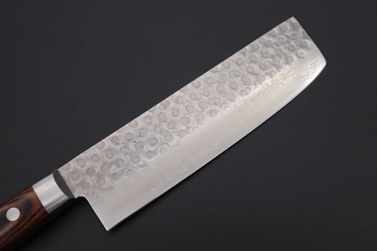 Nakiri Knife for Vegetable Preparation with a Hammered VG-10 Damascus Blade and Mahogany Wood Handle