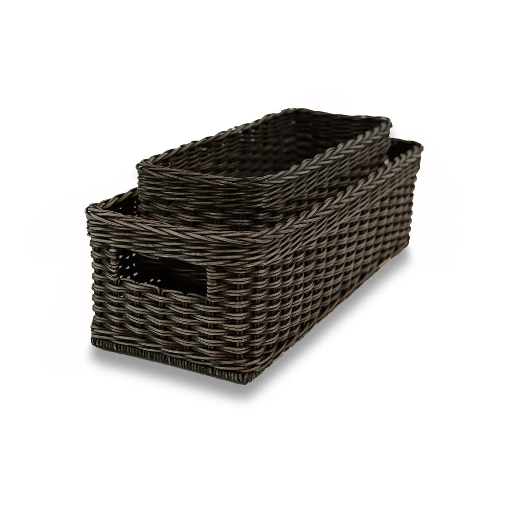 Narrow Rectangular Wicker Storage Basket in Natural Rattan