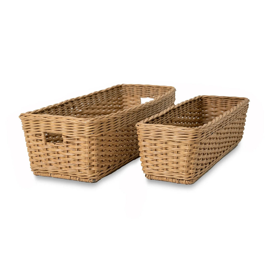 Narrow Rectangular Wicker Storage Basket in Natural Rattan
