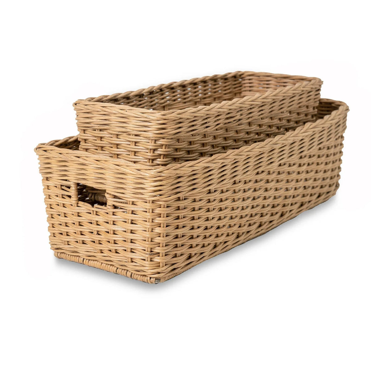 Narrow Rectangular Wicker Storage Basket in Natural Rattan
