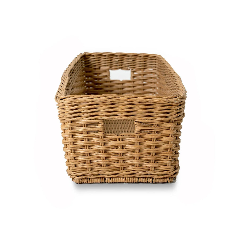 Narrow Rectangular Wicker Storage Basket in Natural Rattan