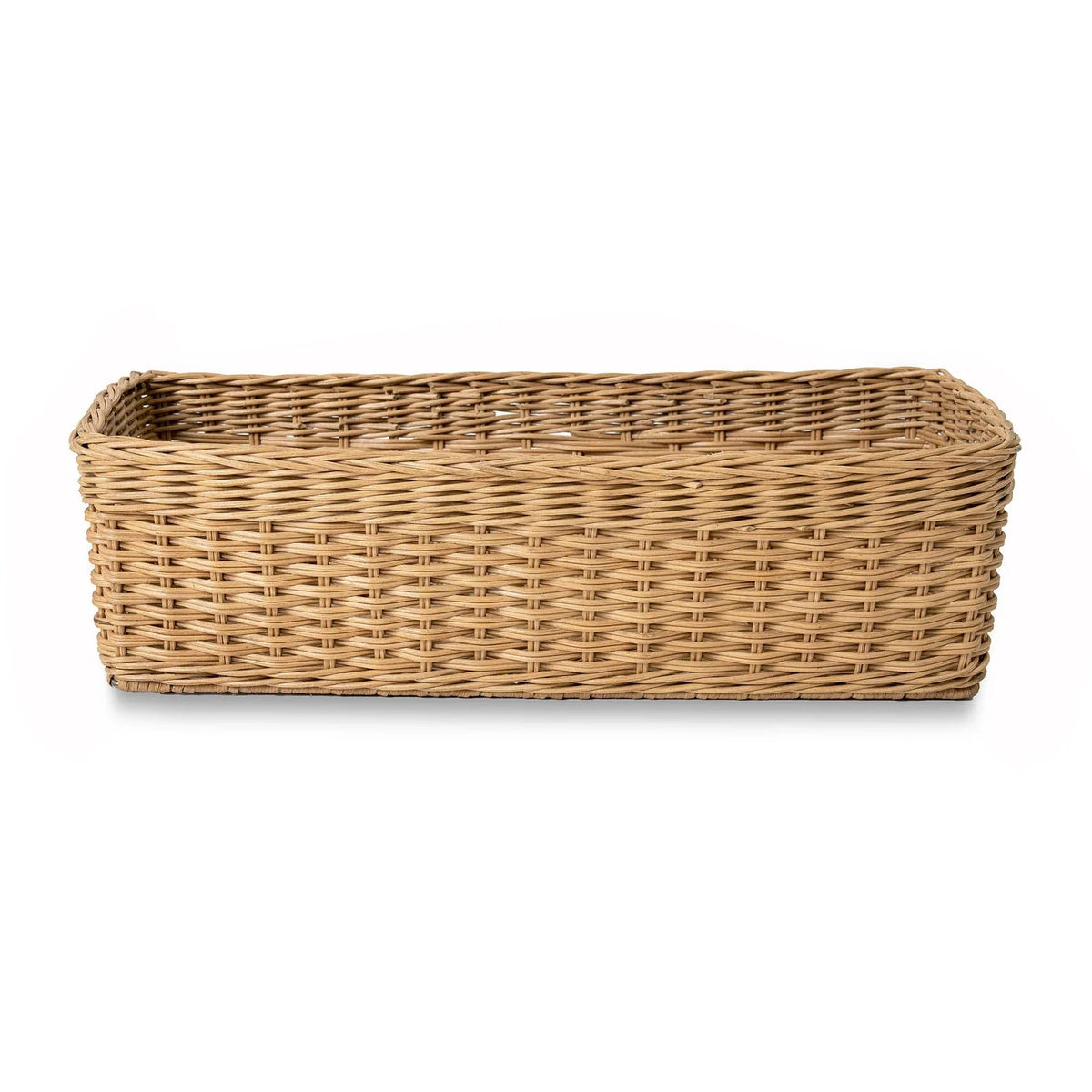 Narrow Rectangular Wicker Storage Basket in Natural Rattan