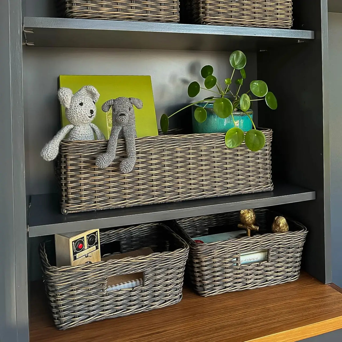 Narrow Rectangular Wicker Storage Basket in Natural Rattan