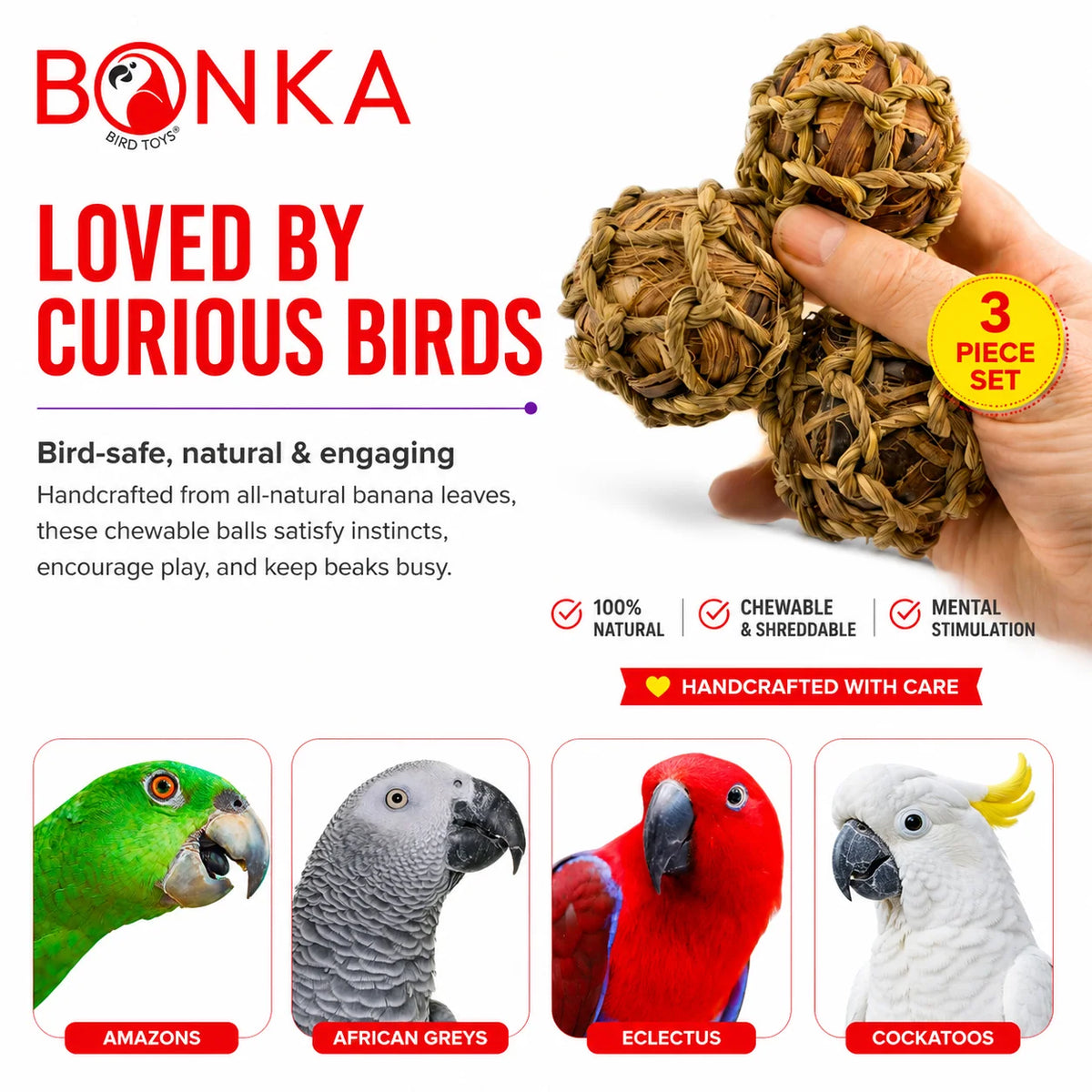 Natural Banana Leaf Bird Toy Balls, 3-Pack