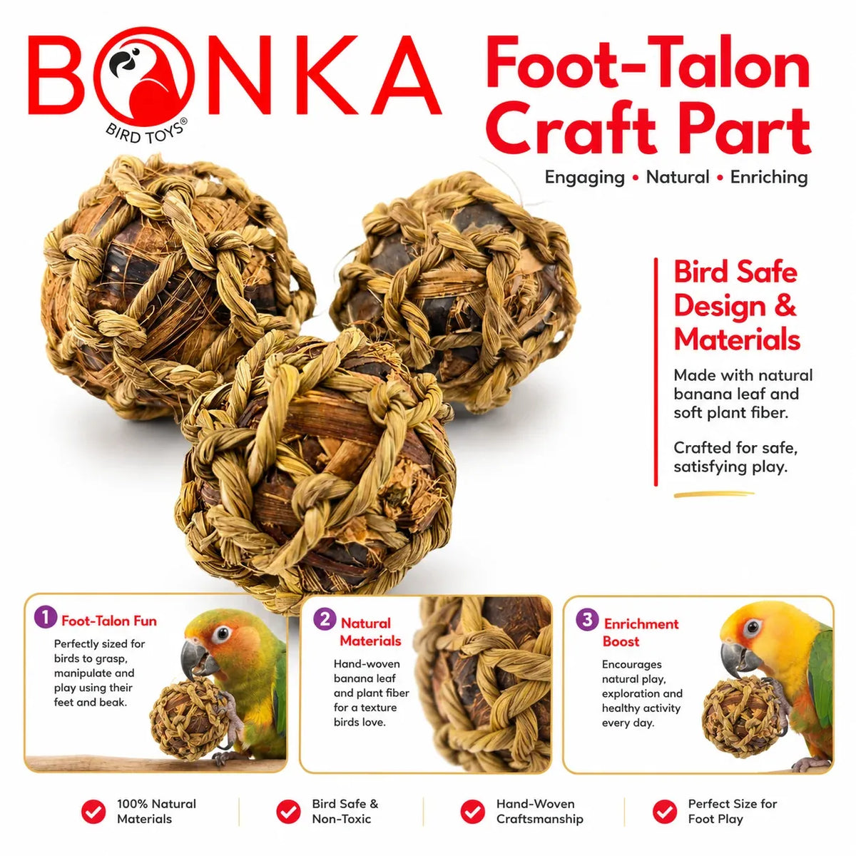 Natural Banana Leaf Bird Toy Balls, 3-Pack