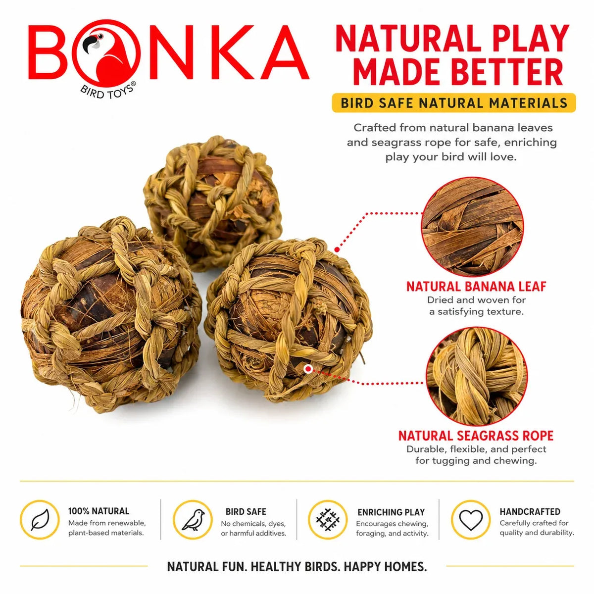 Natural Banana Leaf Bird Toy Balls, 3-Pack