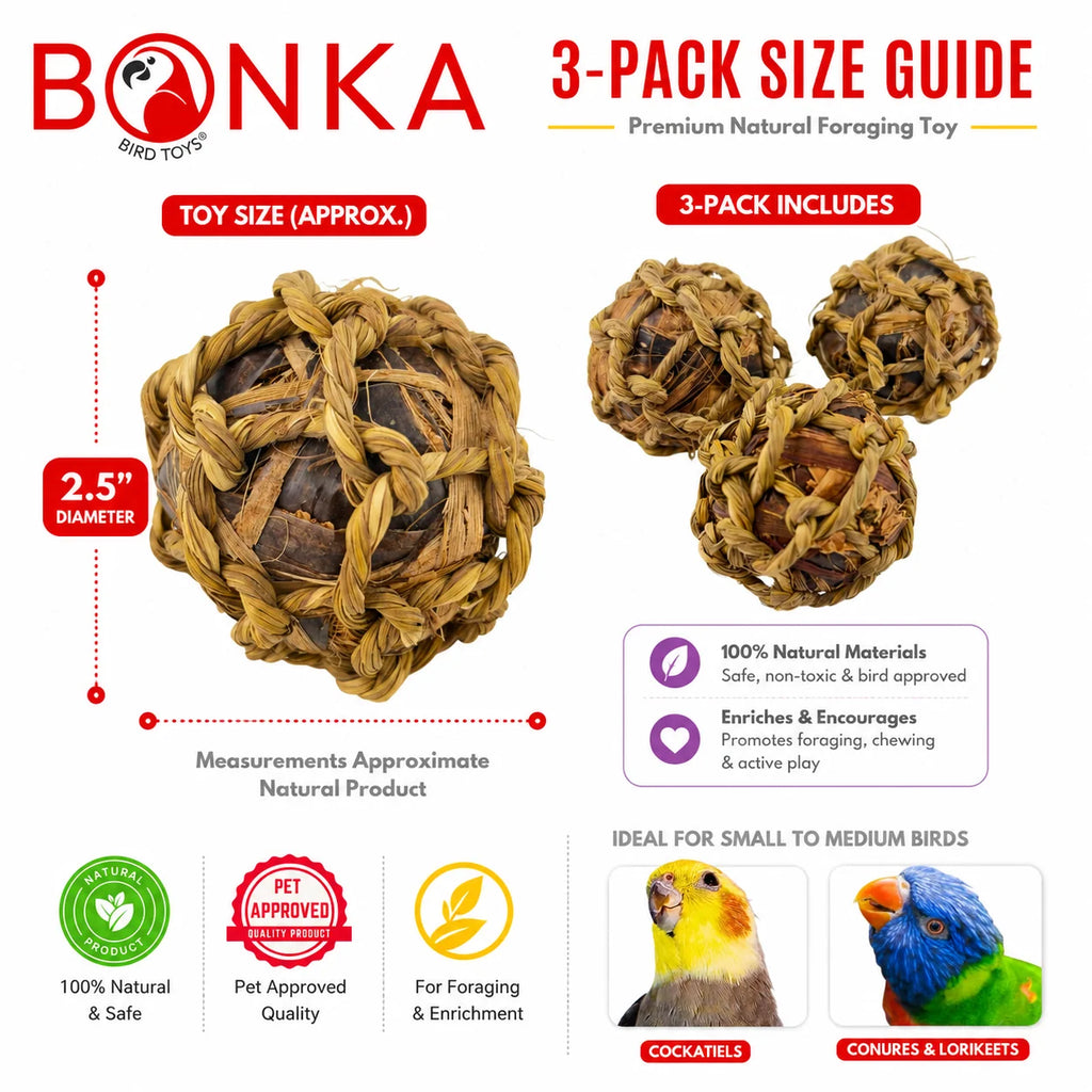 Natural Banana Leaf Bird Toy Balls, 3-Pack