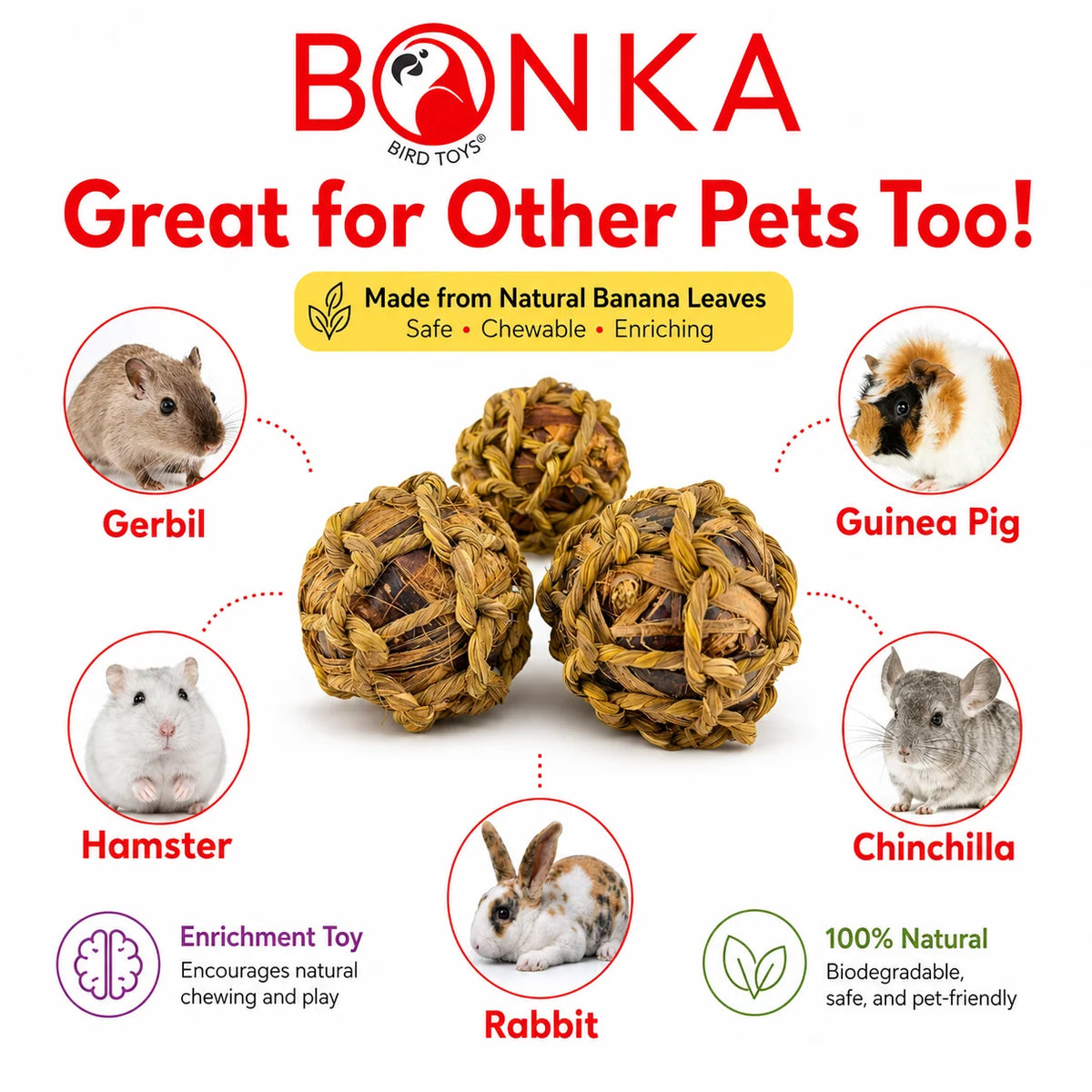 Natural Banana Leaf Bird Toy Balls, 3-Pack