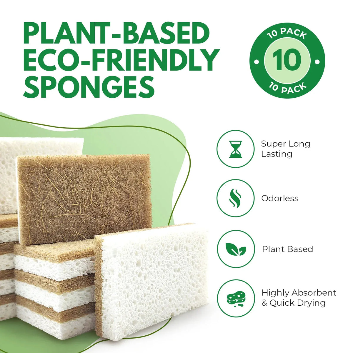 Natural Kitchen Sponges for Dishes, Non-Scratch Cellulose Scrub Pads in White Rectangular Packs