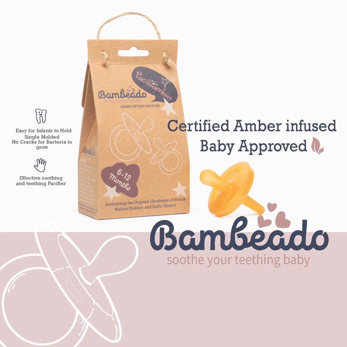 Natural Rubber Pacifier Infused with Baltic Amber for a Soft Feel and a Breast-Inspired Nipple Shape