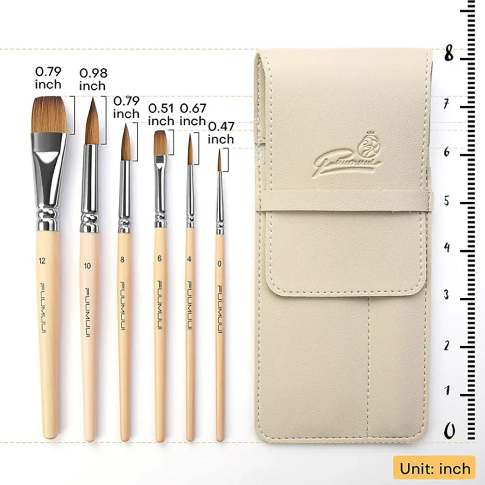 Natural Sable Watercolor Brushes, 6-Piece Retractable Travel Set with Wood Finish and Protective Case