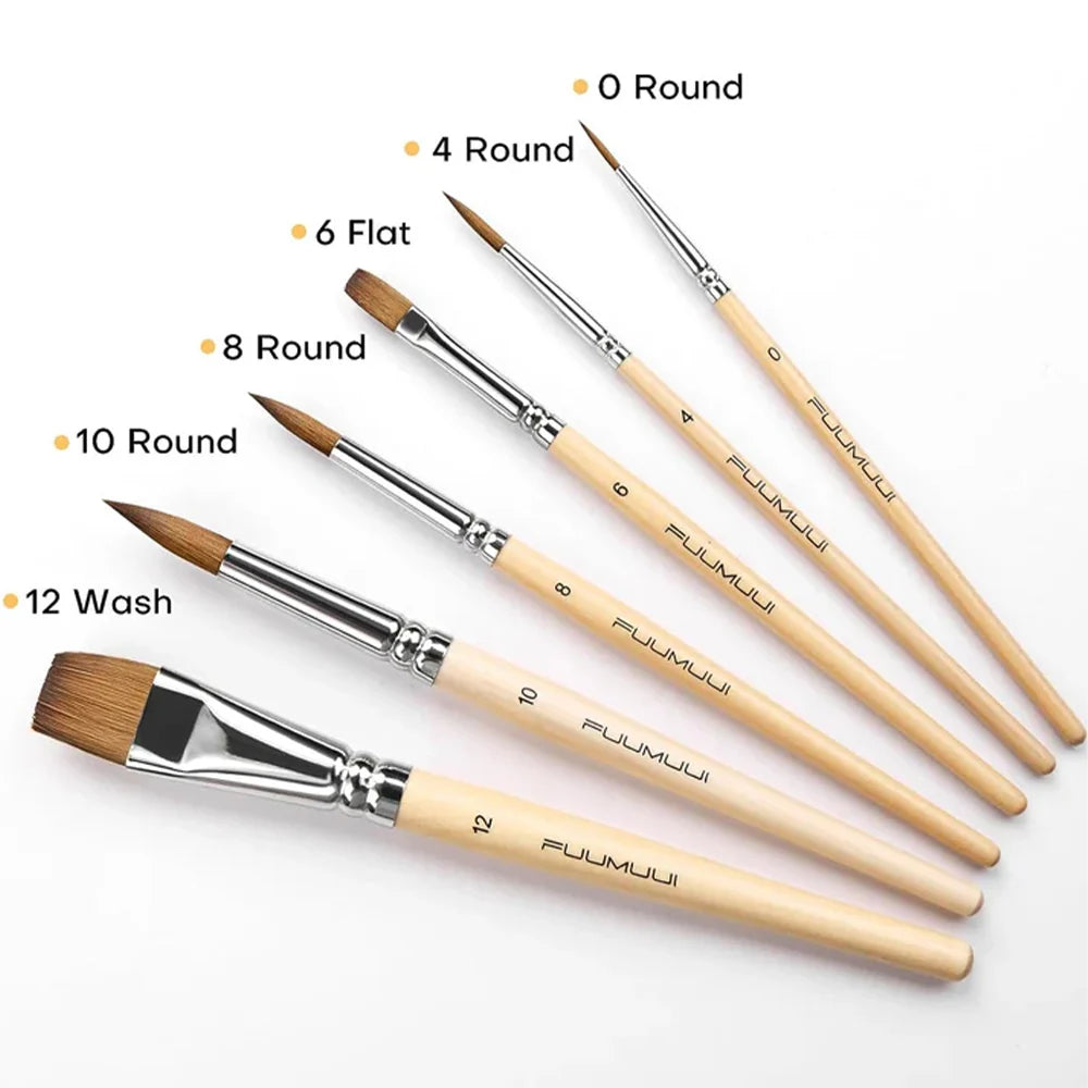 Natural Sable Watercolor Brushes, 6-Piece Retractable Travel Set with Wood Finish and Protective Case