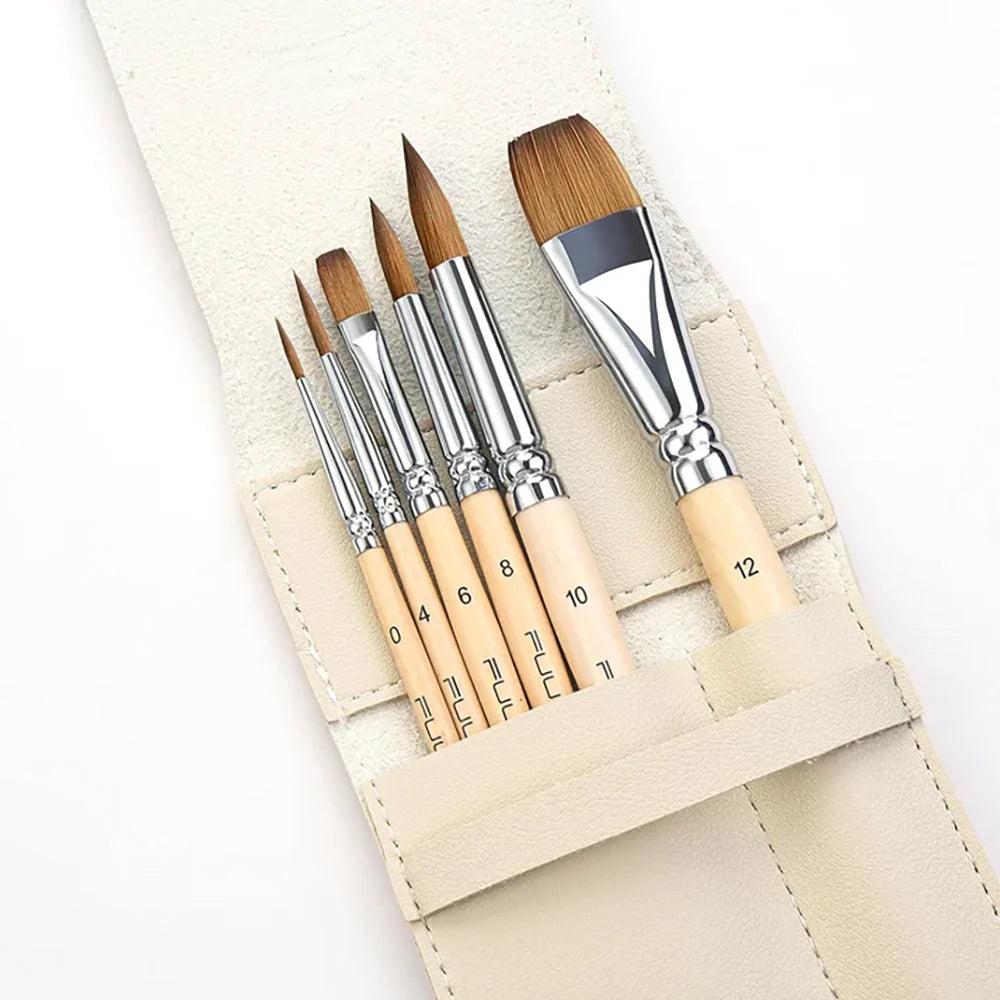 Natural Sable Watercolor Brushes, 6-Piece Retractable Travel Set with Wood Finish and Protective Case