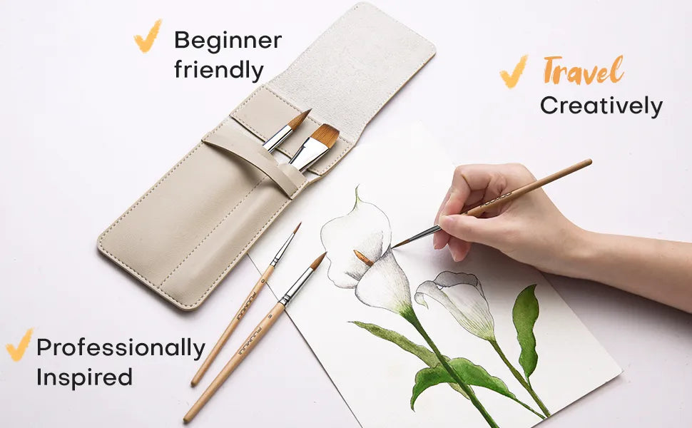 Natural Sable Watercolor Brushes, 6-Piece Retractable Travel Set with Wood Finish and Protective Case