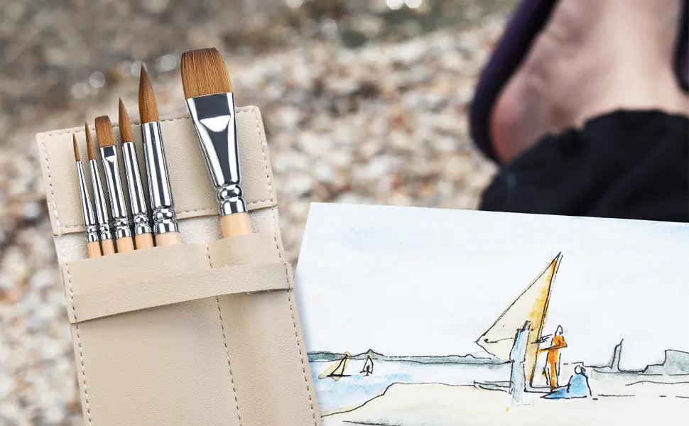 Natural Sable Watercolor Brushes, 6-Piece Retractable Travel Set with Wood Finish and Protective Case