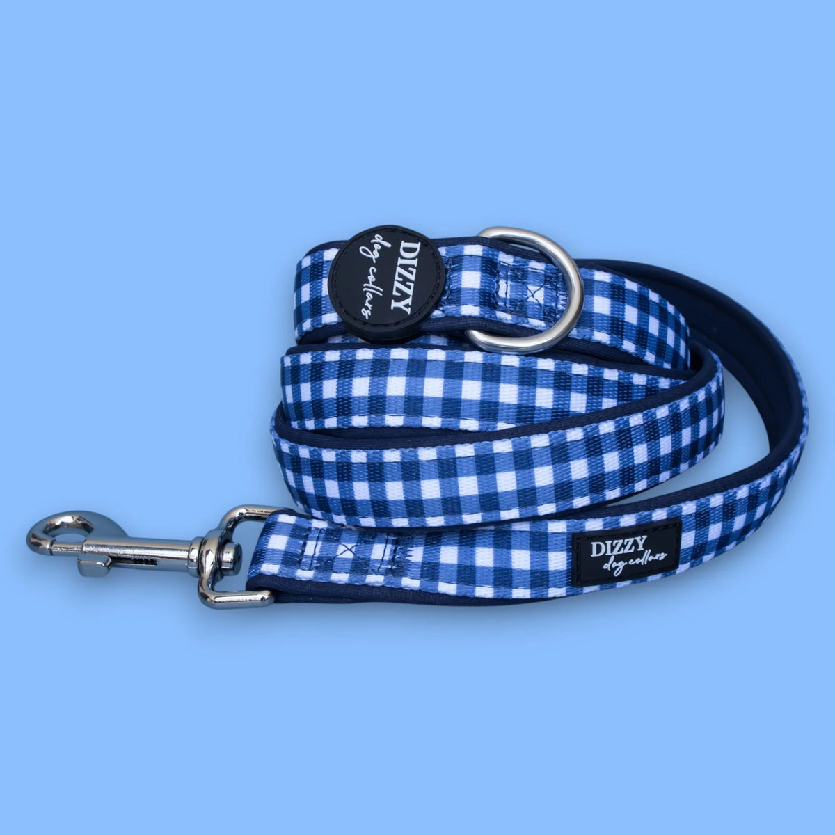 Navy Gingham Dog Leash with Neoprene Padding, 152 cm Length and Three Width for Daily Walks