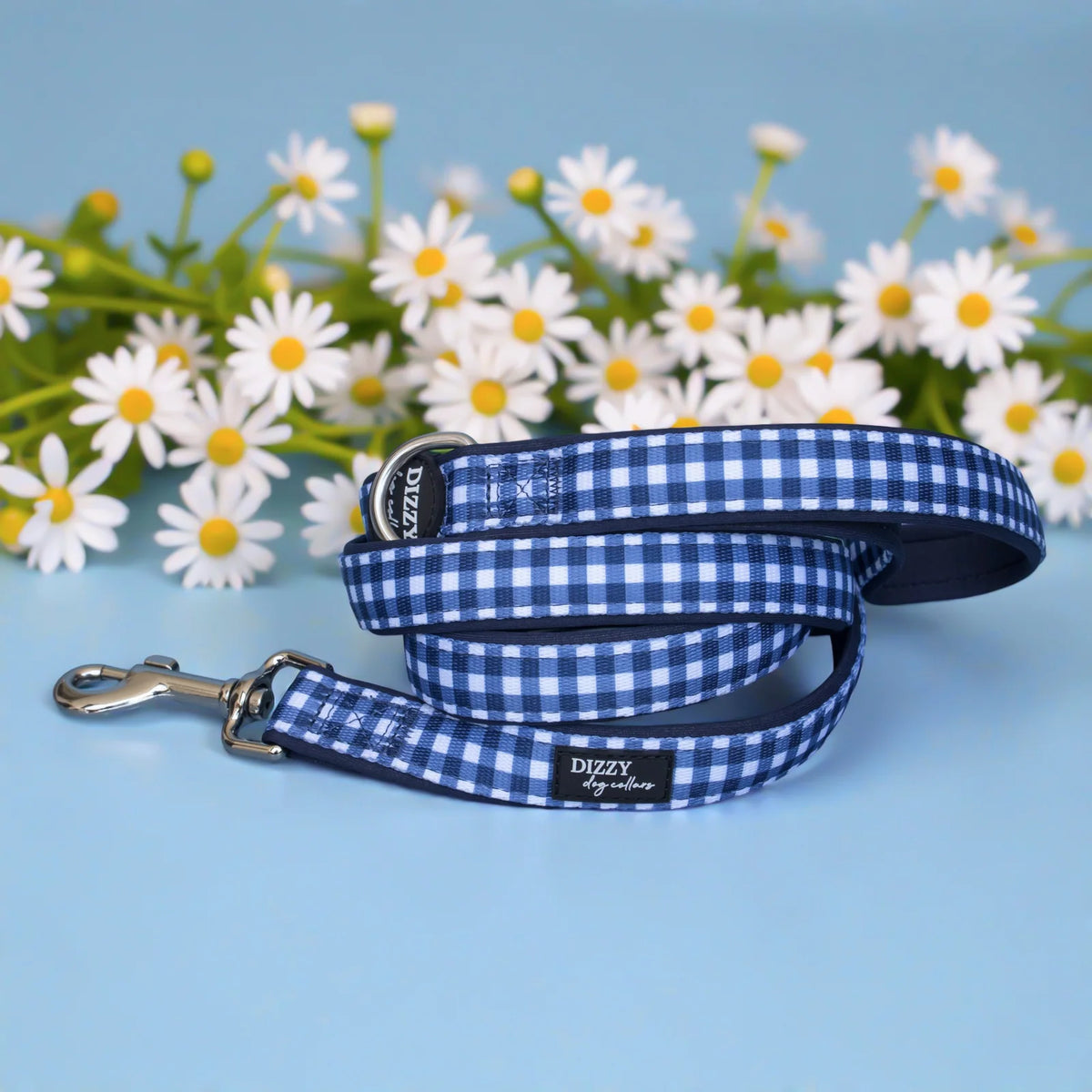 Navy Gingham Dog Leash with Neoprene Padding, 152 cm Length and Three Width for Daily Walks