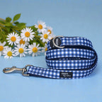 Navy Gingham Dog Leash with Neoprene Padding, 152 cm Length and Three Width for Daily Walks