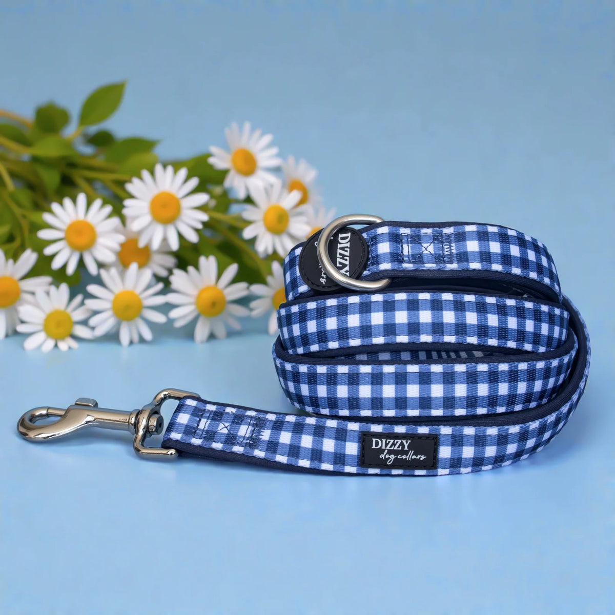 Navy Gingham Dog Leash with Neoprene Padding, 152 cm Length and Three Width for Daily Walks