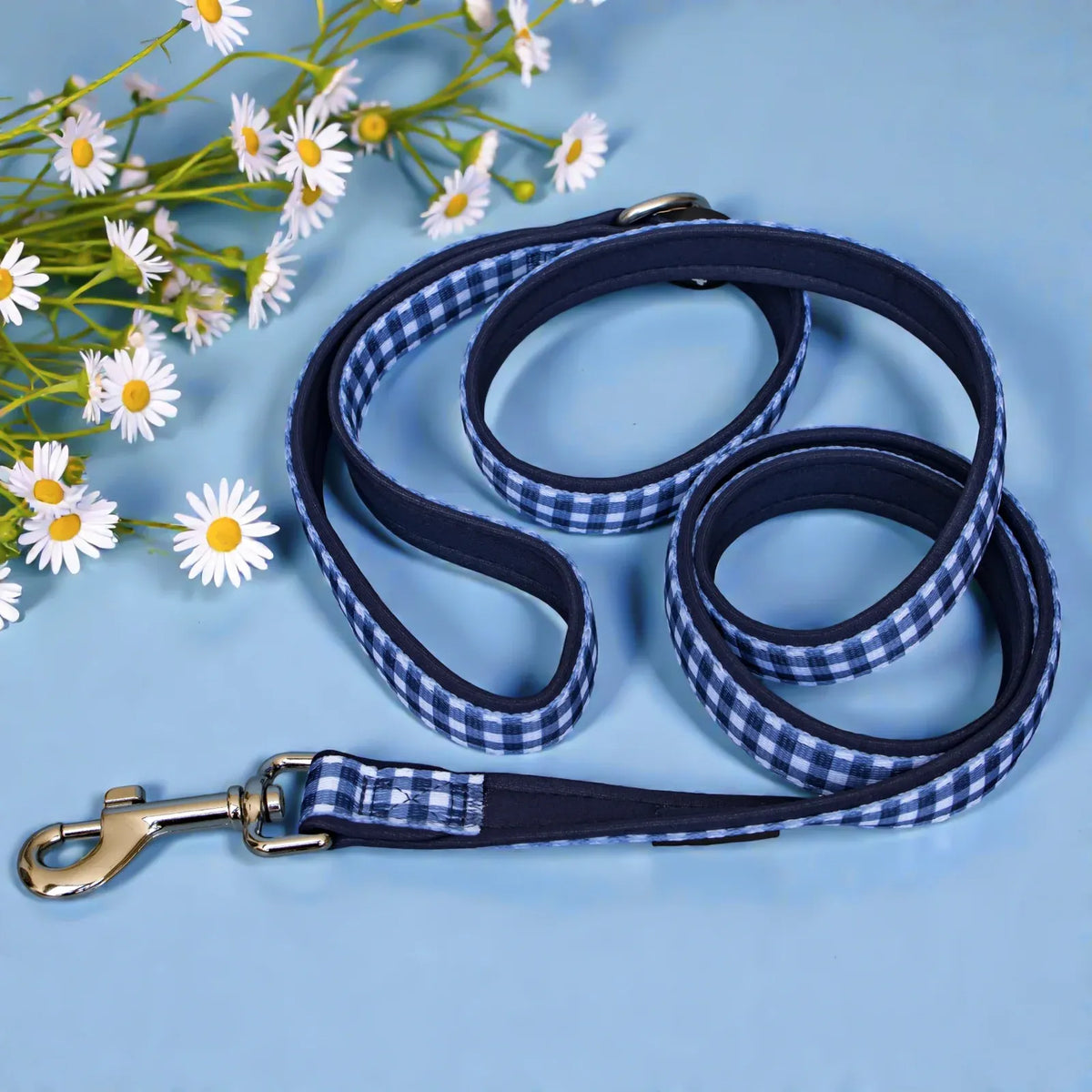 Navy Gingham Dog Leash with Neoprene Padding, 152 cm Length and Three Width for Daily Walks