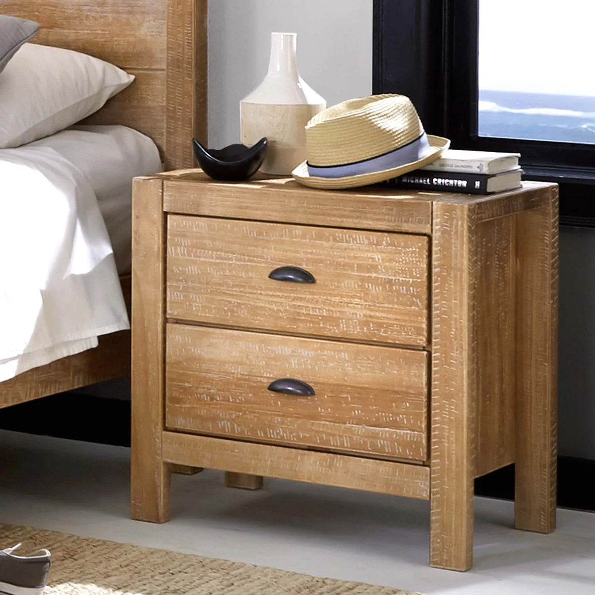 Nightstand in Solid Pine Wood, Driftwood