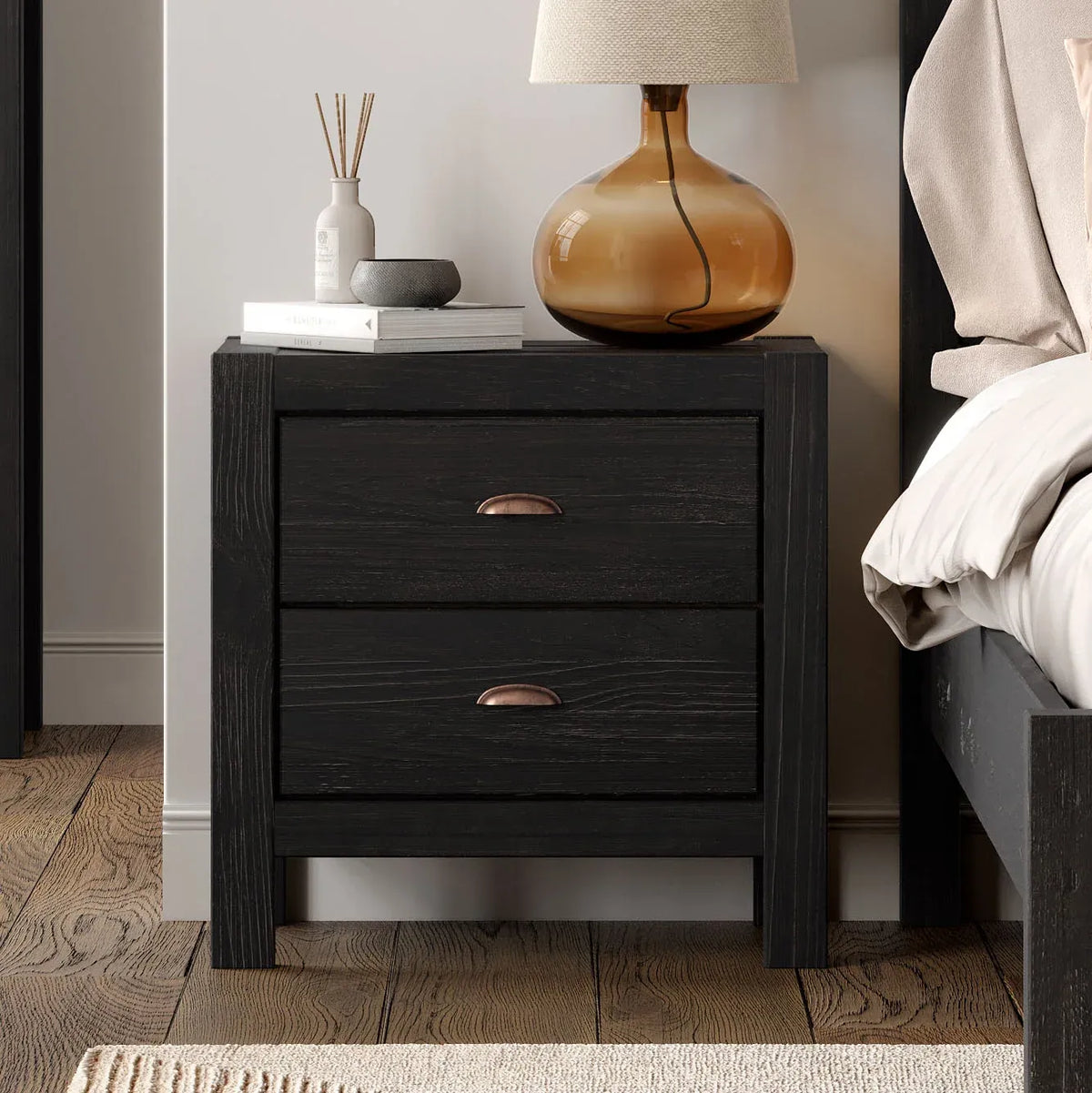 Nightstand in Solid Pine Wood, Farmhouse Black