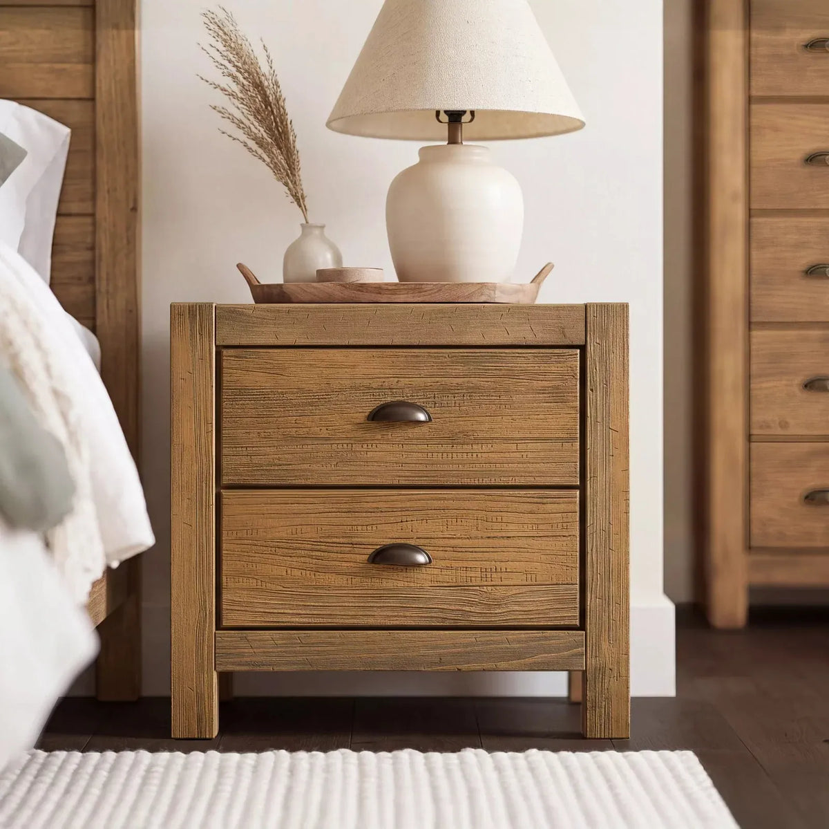 Nightstand in Solid Pine Wood, Rustic Honey