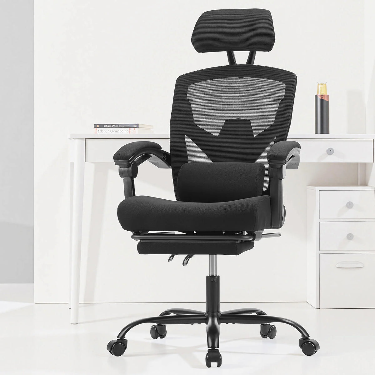 Office Chair with Lumbar Support and an Extendable Pedal for Home Office Tasks, Video Calls and Breaks — Black