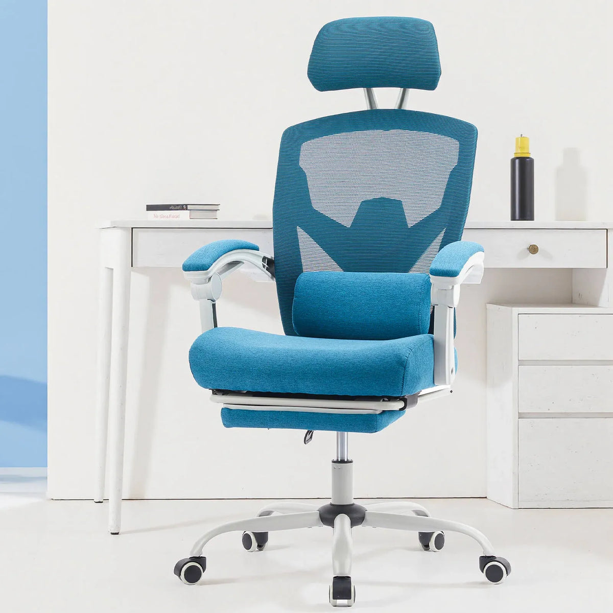 Office Chair with Lumbar Support and an Extendable Pedal for Home Office Tasks, Video Calls and Breaks — Blue