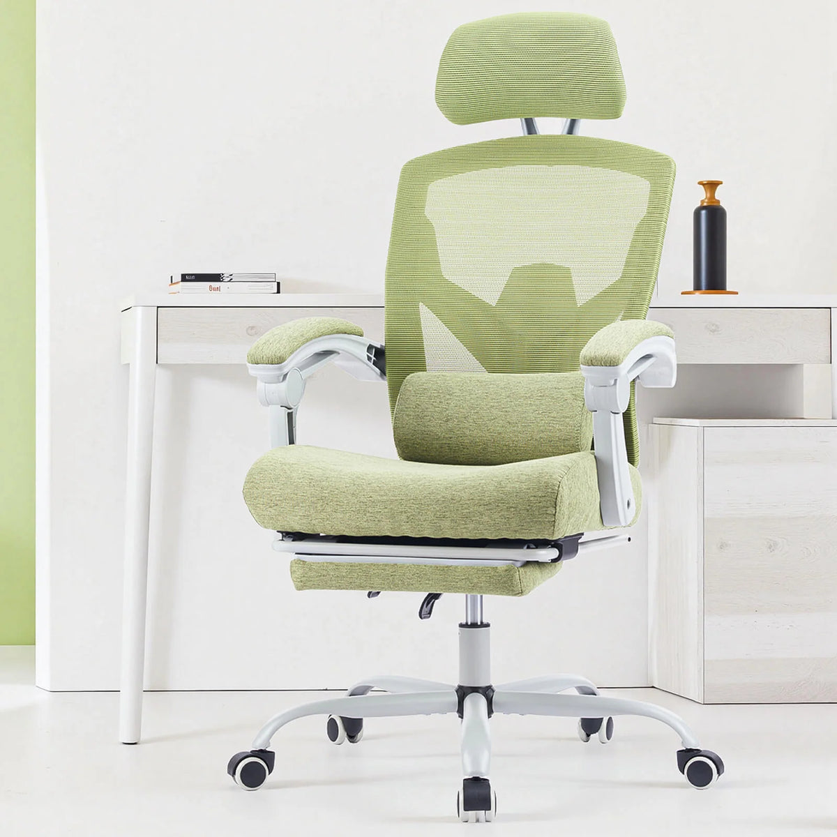 Office Chair with Lumbar Support and an Extendable Pedal for Home Office Tasks, Video Calls and Breaks — Green
