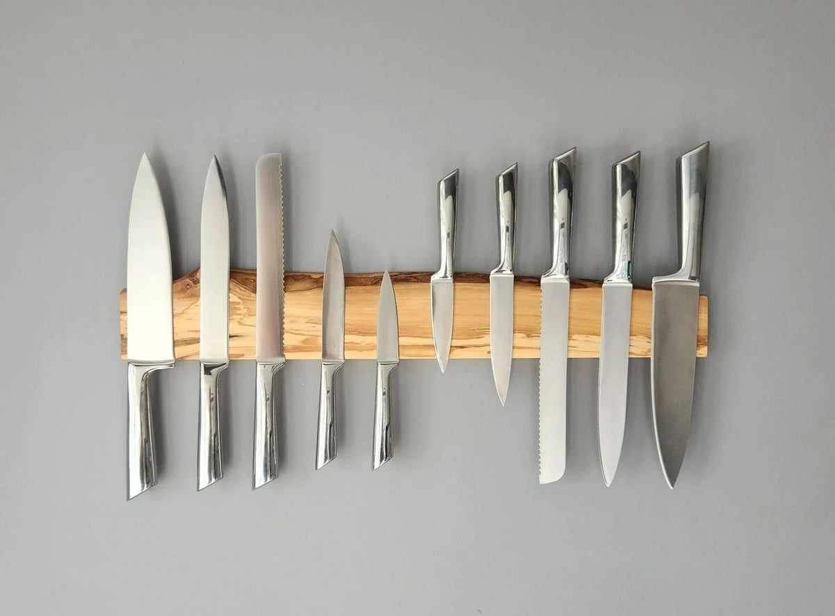Olive Wood Magnetic Knife Holder for Wall with Hidden Screws, Custom Knife Capacity and Engraving