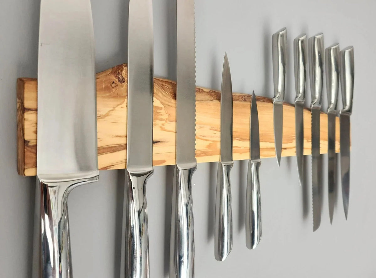 Olive Wood Magnetic Knife Holder for Wall with Hidden Screws, Custom Knife Capacity and Engraving