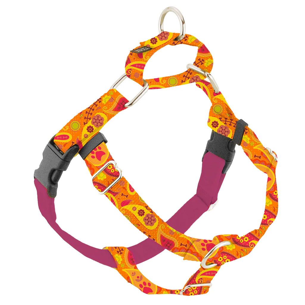 Orange Paisley No-Pull Dog Harness with Recycled Bottle Webbing and a Velvet-Lined Chest Strap