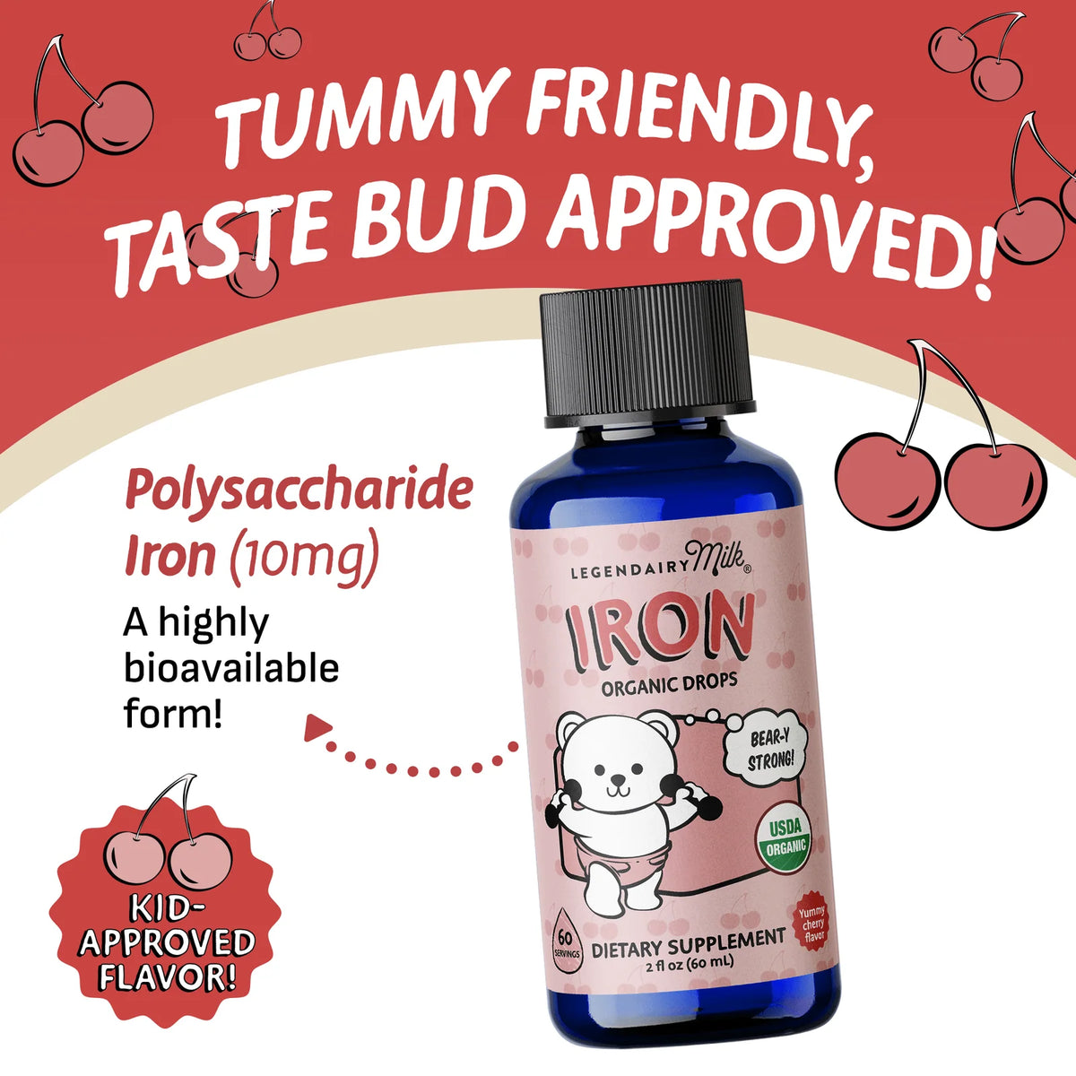 Organic Cherry-Flavored Liquid Iron Drops for Babies, Toddlers, and Kids with Tummy-Friendly Daily Support