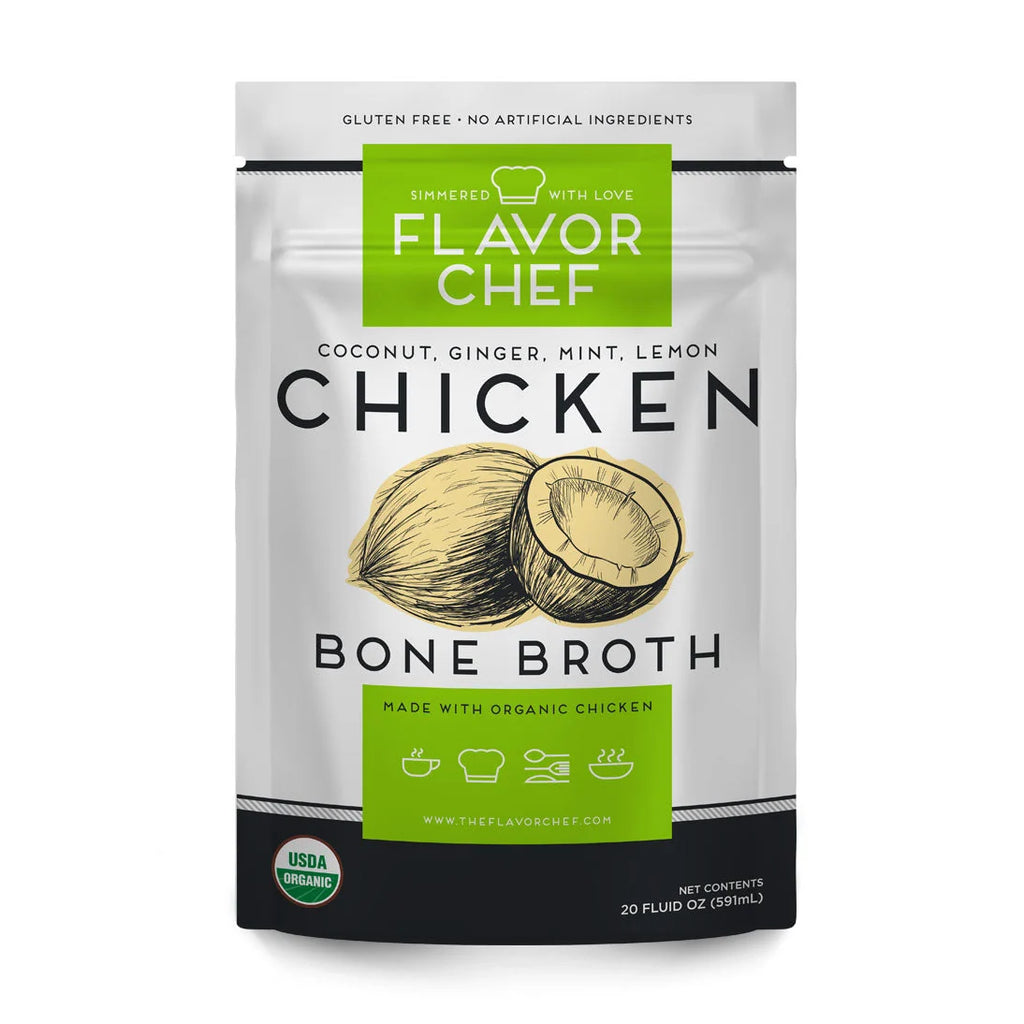 Organic Chicken Bone Broth with Coconut, Ginger, Mint and Lemon for Soups, Grains and Braising, 6–24 Pouch Packs