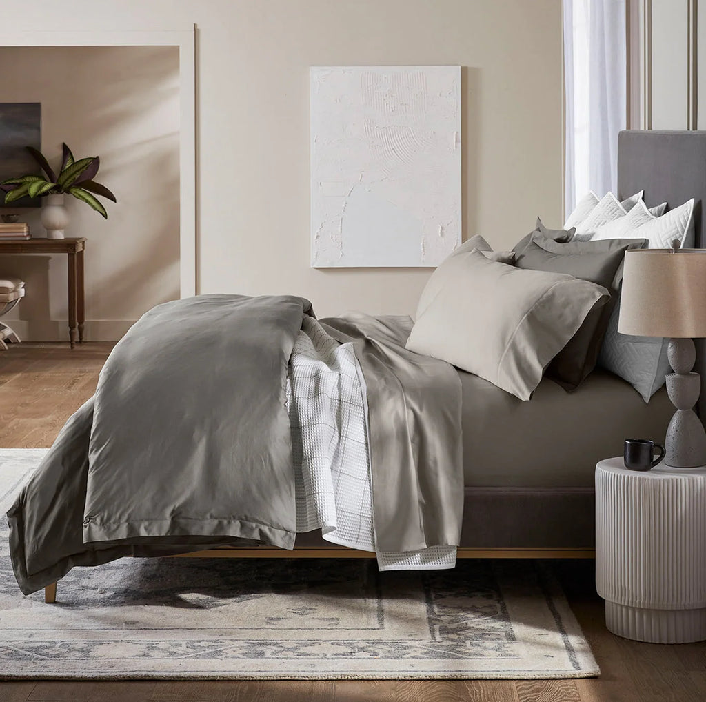 Organic Cotton Fitted Sheet in Pewter for Twin to Split Top King Beds, Breathable Soft Bedding