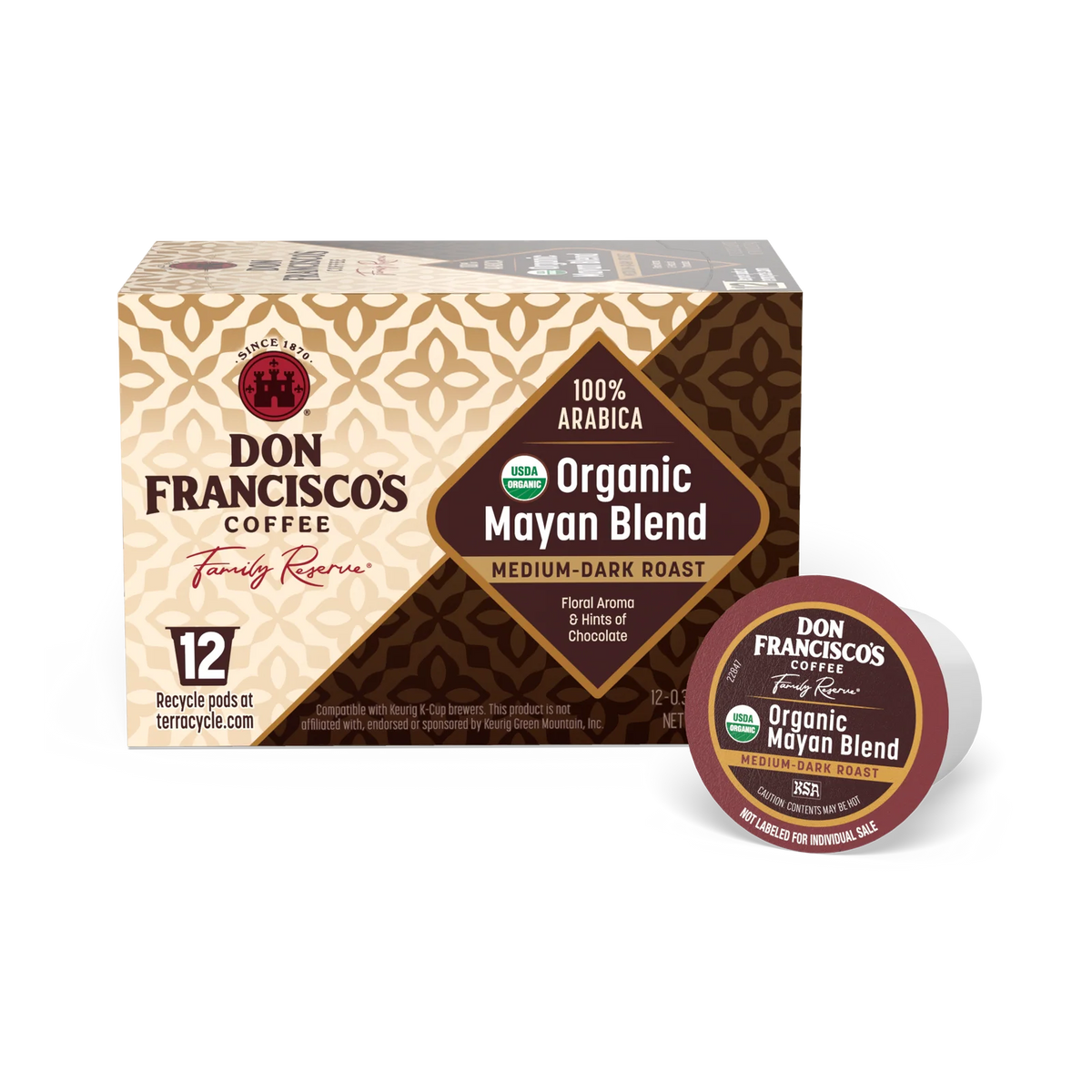 Organic Mayan Blend Coffee Pods, Medium-Dark Roast, 12
