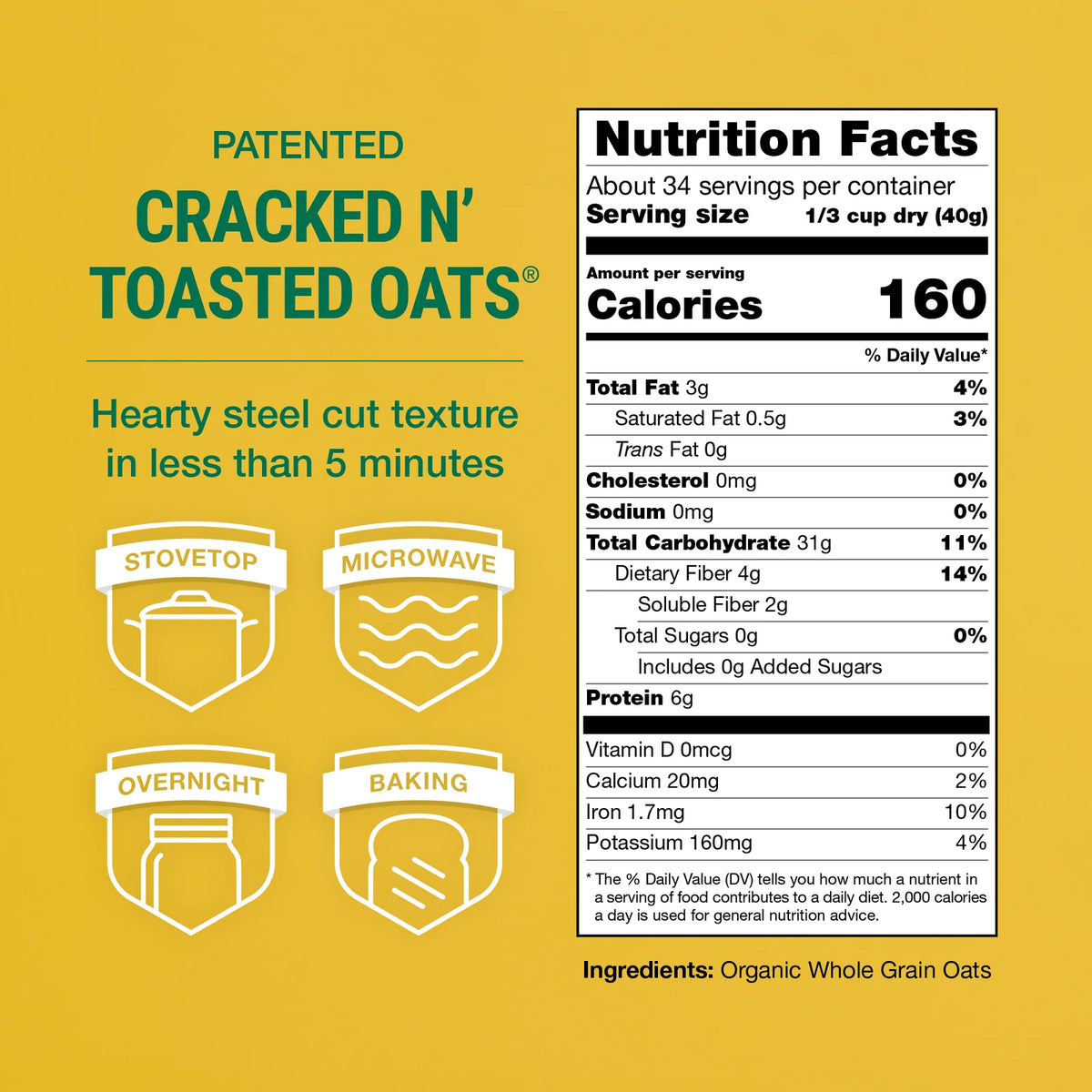 Organic Oatmeal, 48 oz Cracked and Toasted Oats