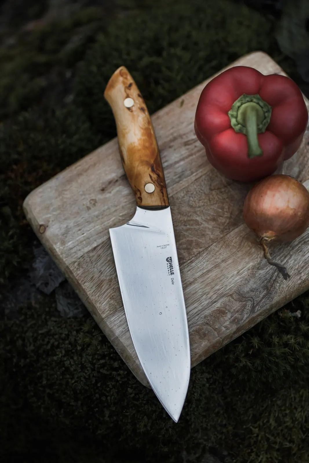 Outdoor Chef Knife with a 160 mm Polished 12C27 Steel Blade and Curly Birch Handle for Camp Cooking