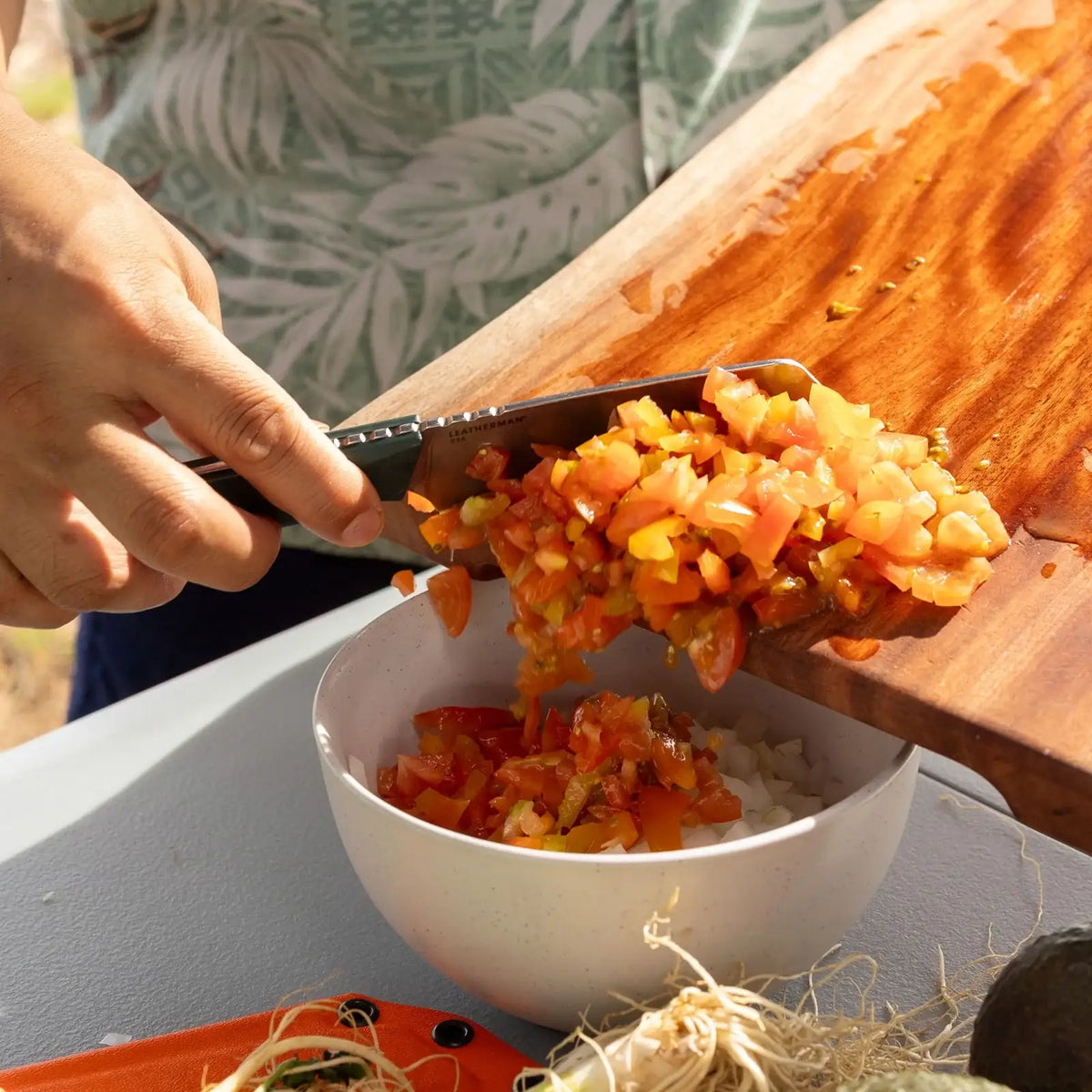 Outdoor Kitchen Knife with a MagnaCut Santoku Blade and Textured G10 Handle for Campsite Meal Prep