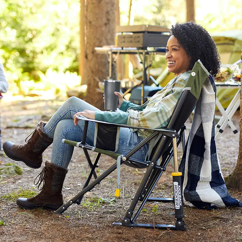Outdoor Rocking Chair with Spring-Action Rocking, Carry Strap, Phone Pocket and Beverage Holder in Six Colors
