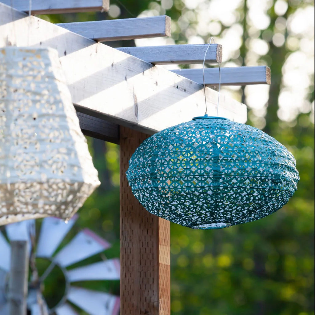 Outdoor Solar Lantern with Emerald Green Oval Design, 14-Inch Tyvek Shade, LED Light and Automatic Night Sensor