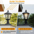 Outdoor Solar Post Light with Patterned Glass, Dusk-to-Dawn Operation and Included Pier Mount Base